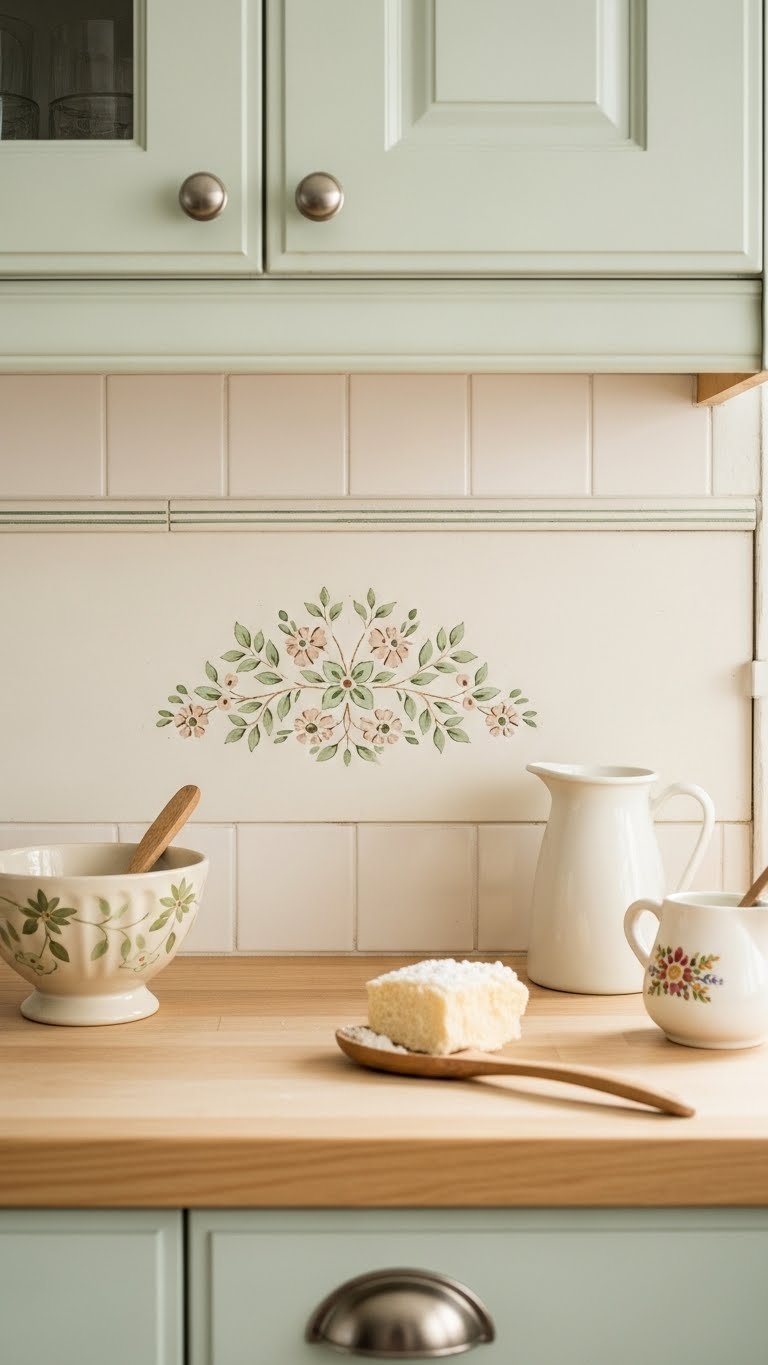 Hand-painted floral design backsplash with delicate stencil patterns in soft pastel colors on light wood countertop