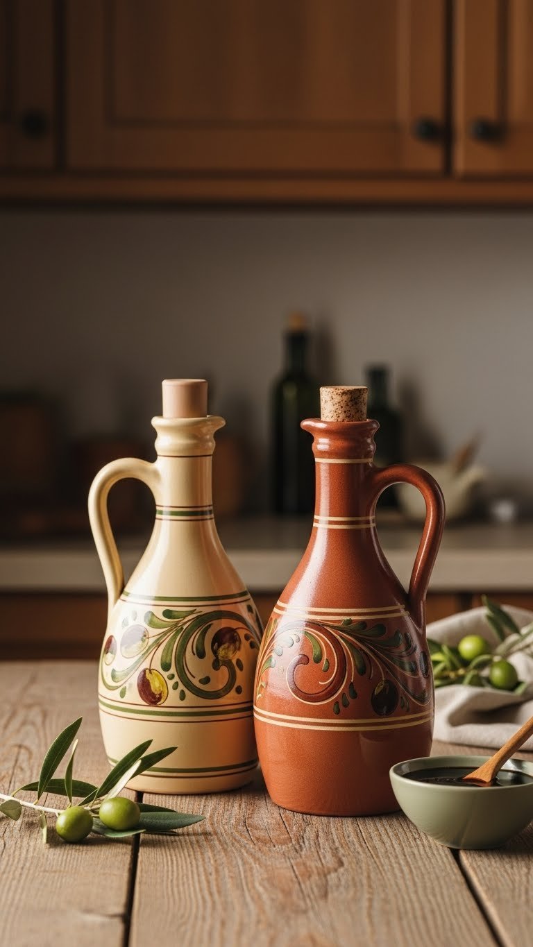 Hand-painted terracotta oil and vinegar cruets with Italian designs on weathered wooden table with olives.