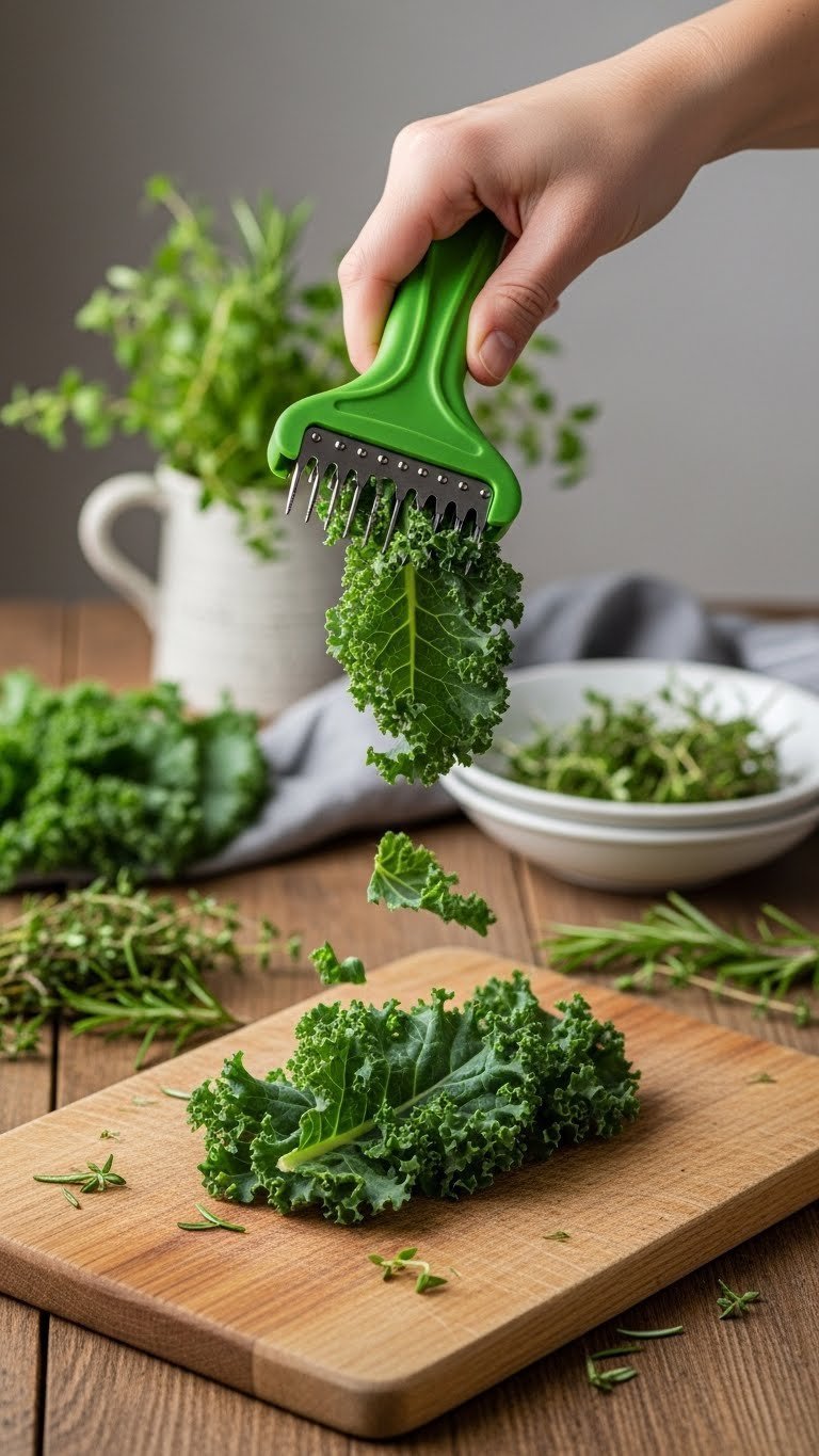 Hand pulling fresh kale through green herb stripper tool with leaves falling onto rustic wooden cutting board