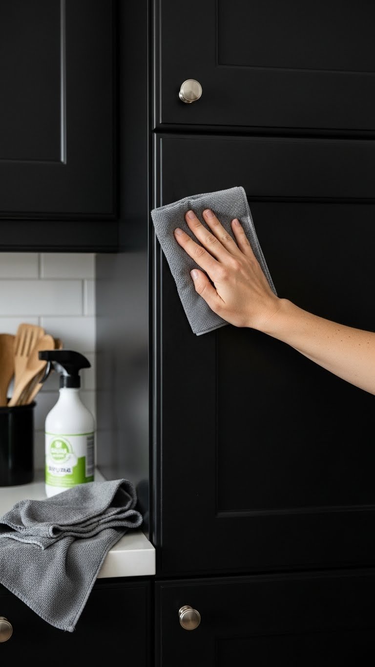 Hand wiping a matte black kitchen cabinet door with a microfiber cloth, showcasing easy cleaning and smudge-free surface.