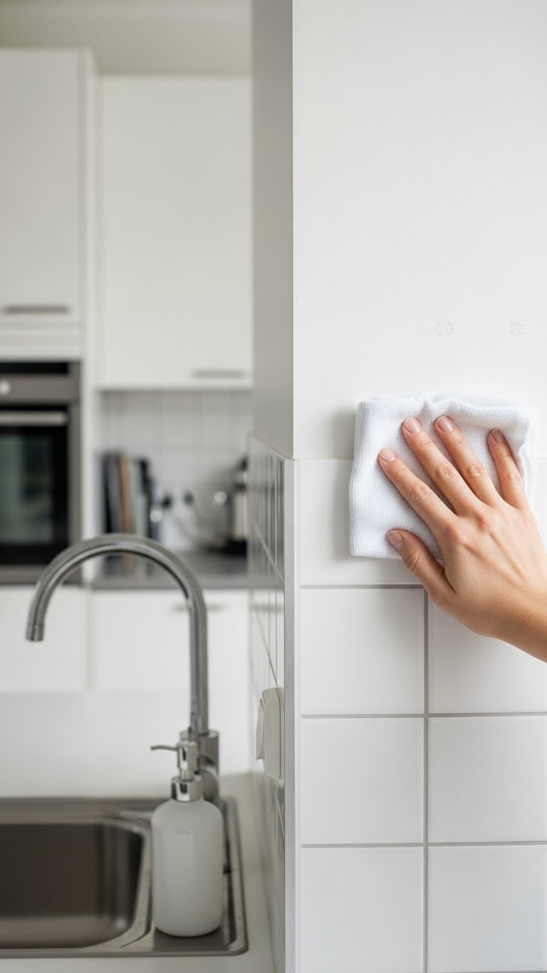 Hand wiping clean cloth across durable scandi wallpaper on kitchen wall demonstrating easy-clean property