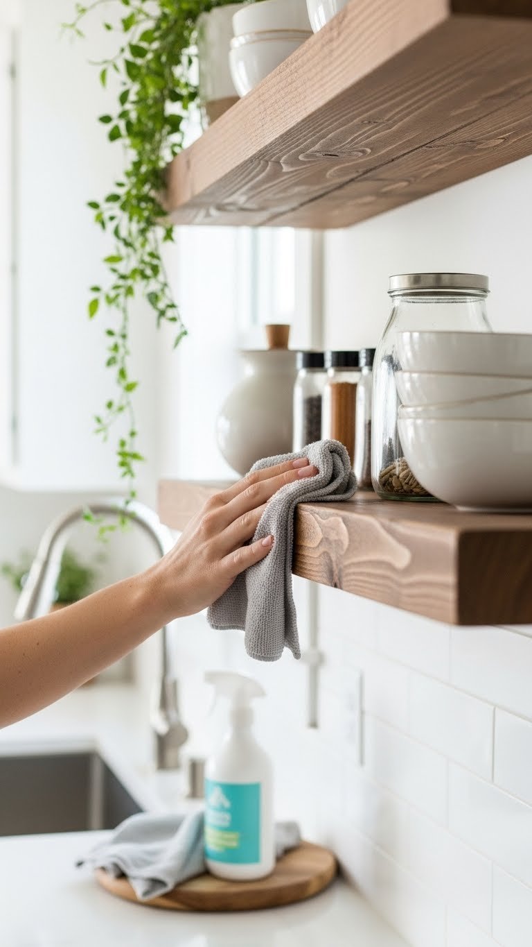Hand wiping down rustic wooden floating shelf with spice jars in bright kitchen