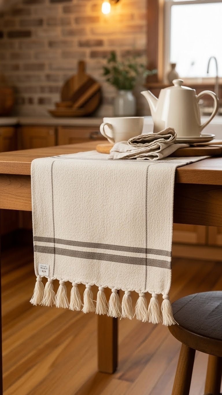 Hand-woven cotton flatweave scandi kitchen runner on rustic wooden floor in warm vintage-inspired kitchen