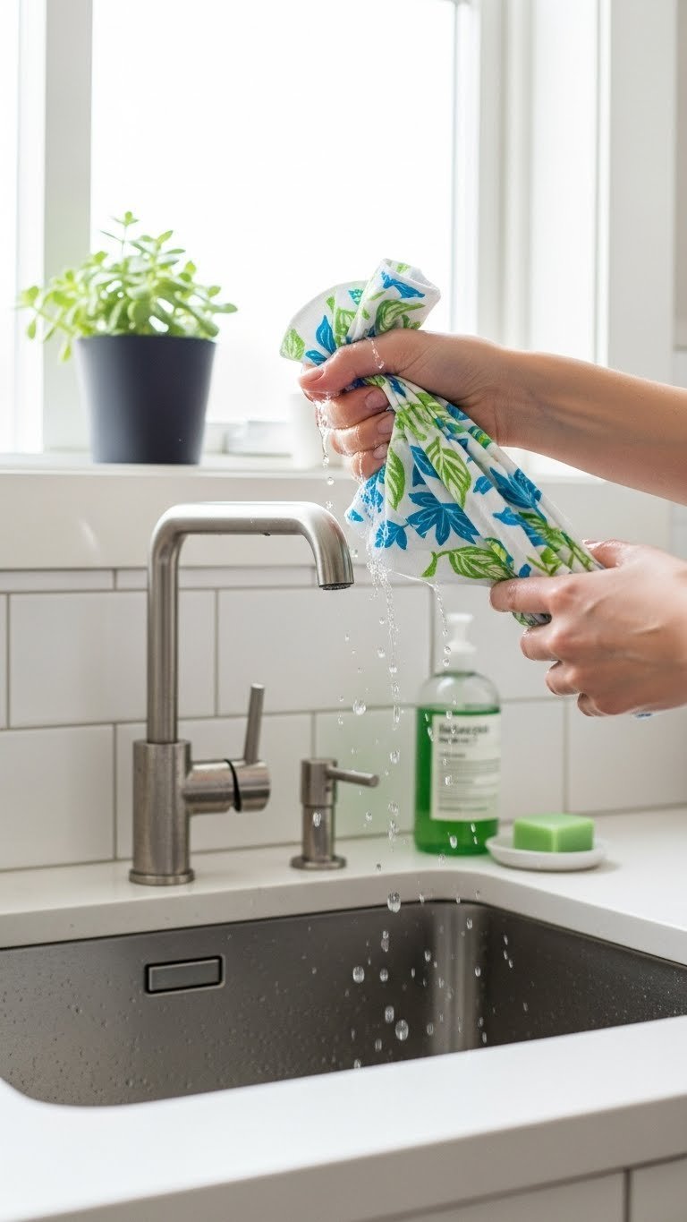 Eco Friendly Kitchen Gadgets: 9 Essential Swaps For 2025 1 Hand wringing out vibrant patterned Swedish dishcloth over modern stainless steel sink with water dripping realistically