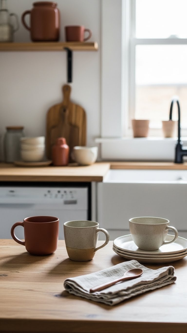 Handcrafted ceramic tableware artfully arranged on open shelving in Japandi kitchen interior design
