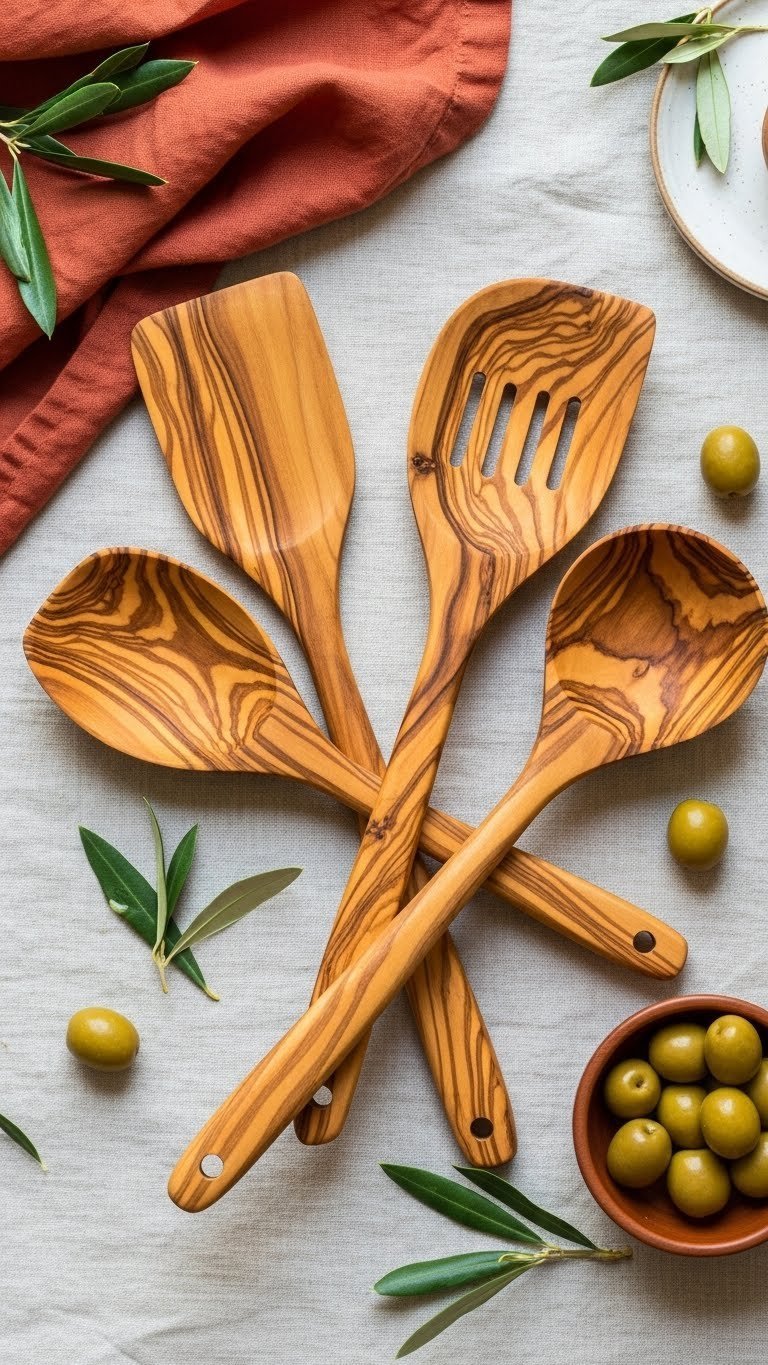 10 Unique Tuscan Kitchen Gadgets To Elevate Your Rustic Cooking 3 Handcrafted olive wood kitchen utensils arranged in minimalist flat lay with olive leaves on linen tablecloth