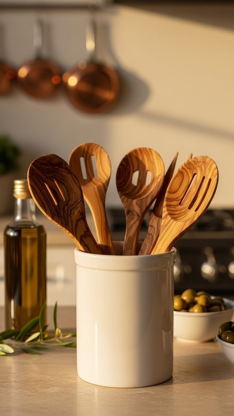 Handcrafted olive wood kitchen utensils arranged in white ceramic crock on marble countertop