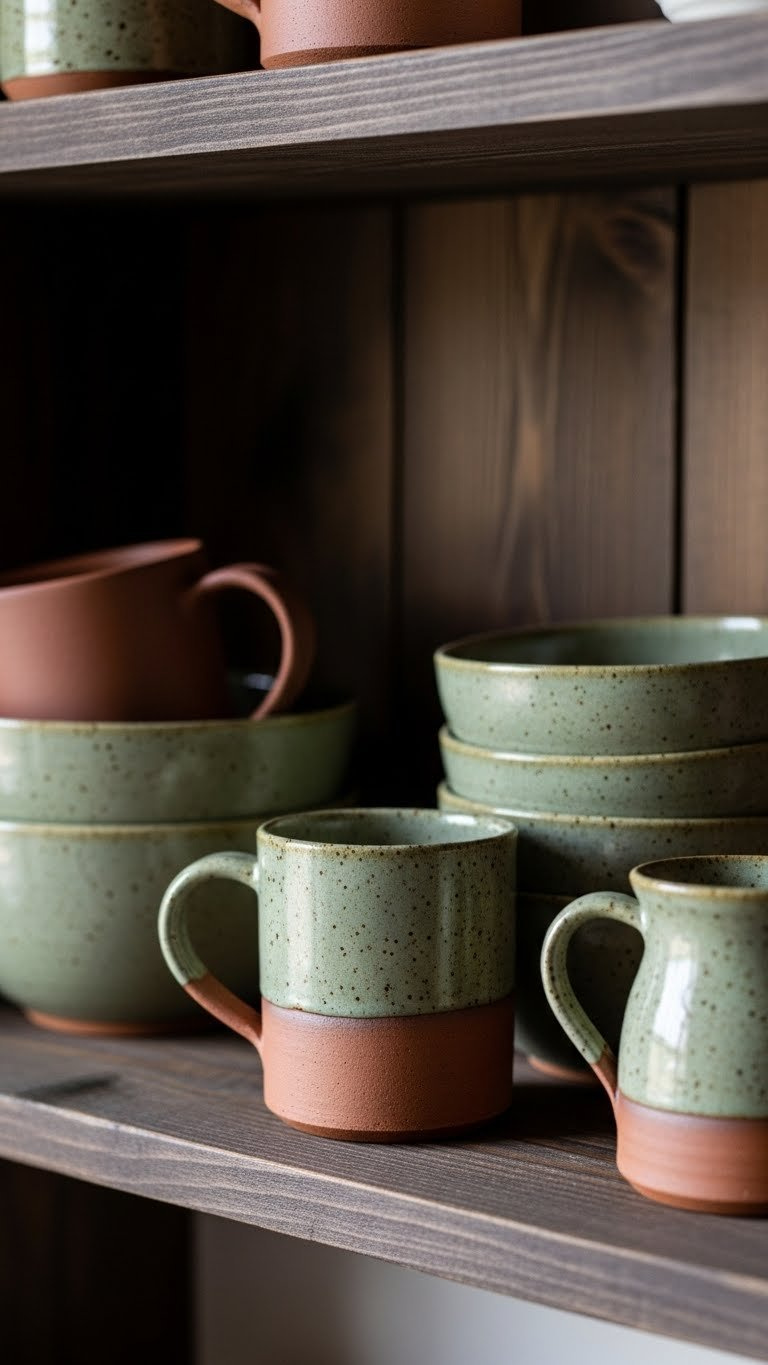 Handcrafted pottery collection on dark reclaimed wood shelf showcasing earthy speckled glazes