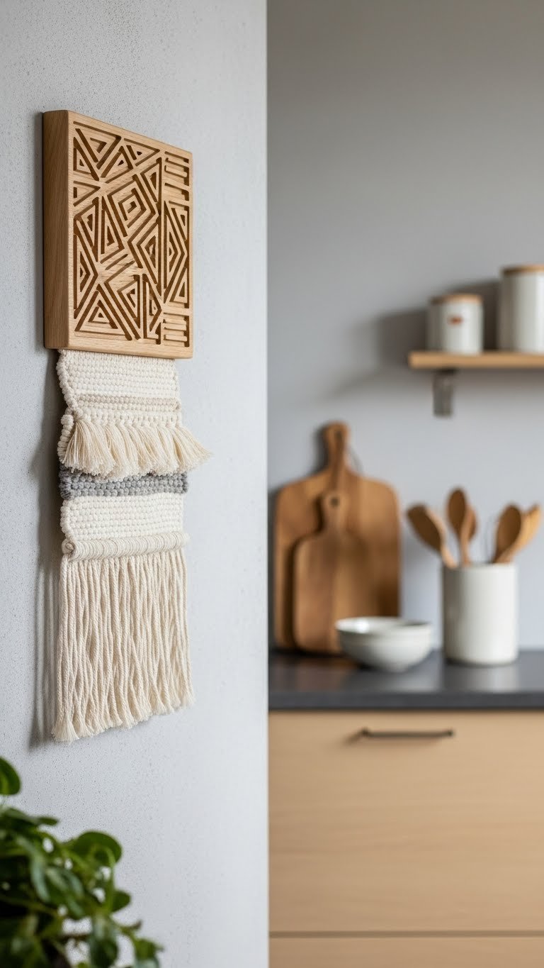 Scandi Kitchen Artwork: 11 Essential Ideas For A Cozy Home 16 Handcrafted wooden wall sculpture with geometric patterns adding tactile warmth to light gray scandi kitchen wall