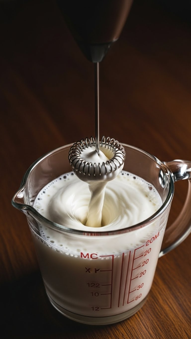 Handheld electric milk frother creating creamy microfoam vortex in clear glass measuring cup