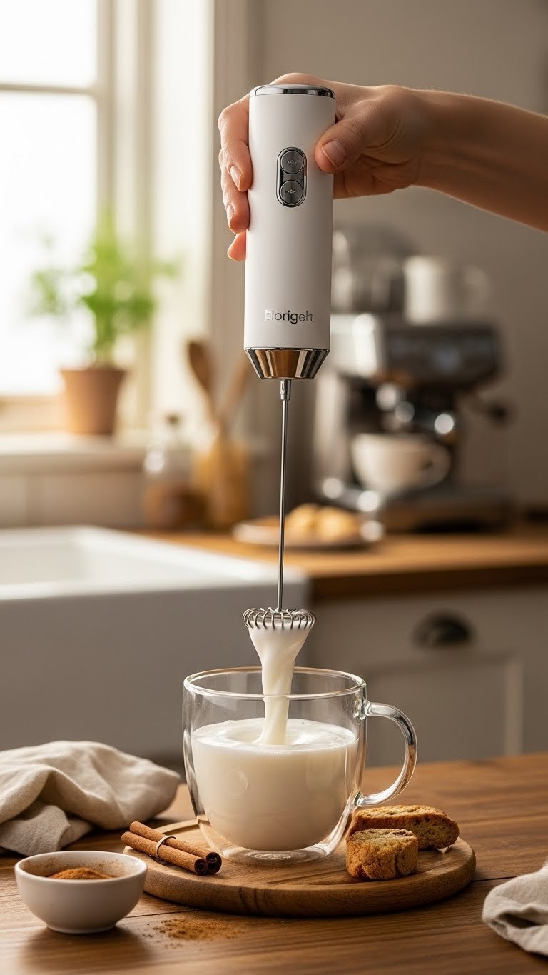 Kitchen Gadgets Asmr: 7 Essential Satisfying Sounds 3 Handheld milk frother creating velvety foam in glass mug on rustic wooden table with cinnamon and biscotti