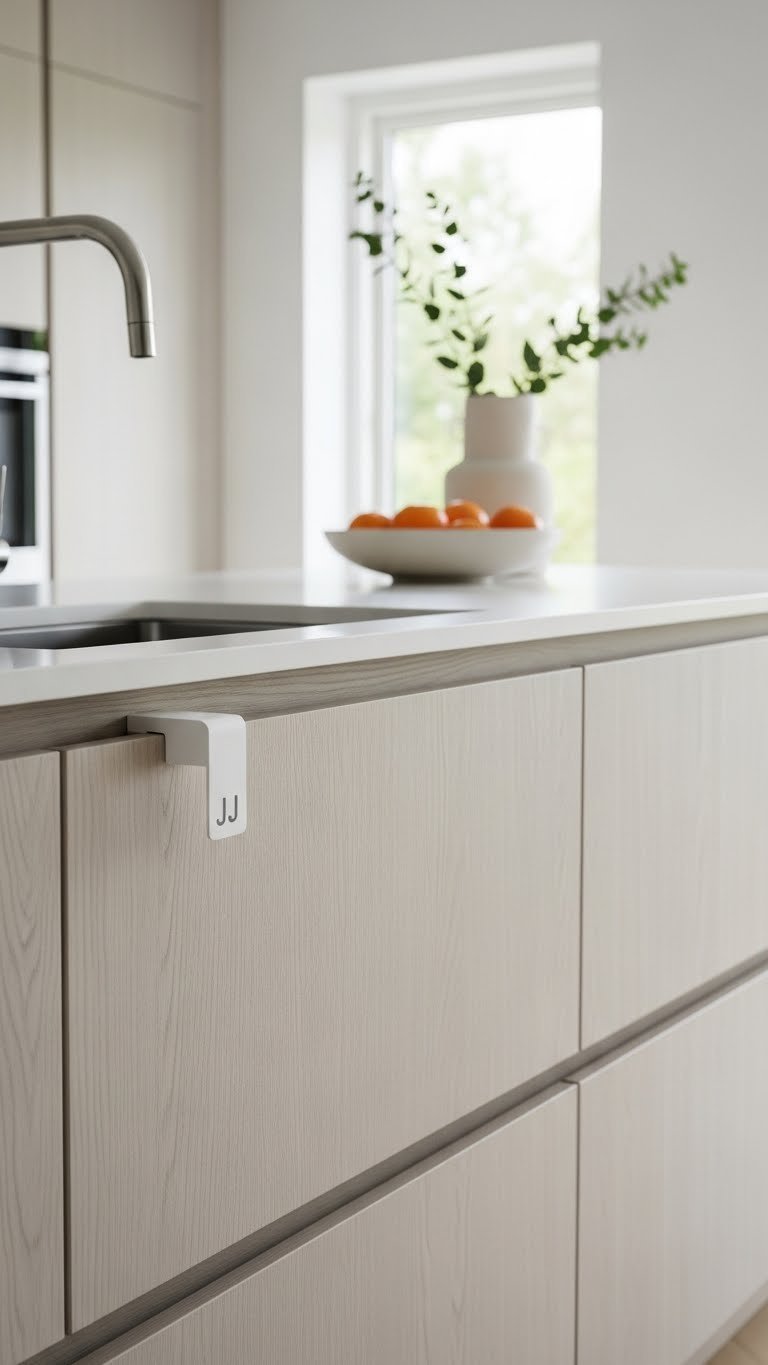 Handle-free minimalist kitchen cabinet with seamless design in light wood finish showcasing clean lines