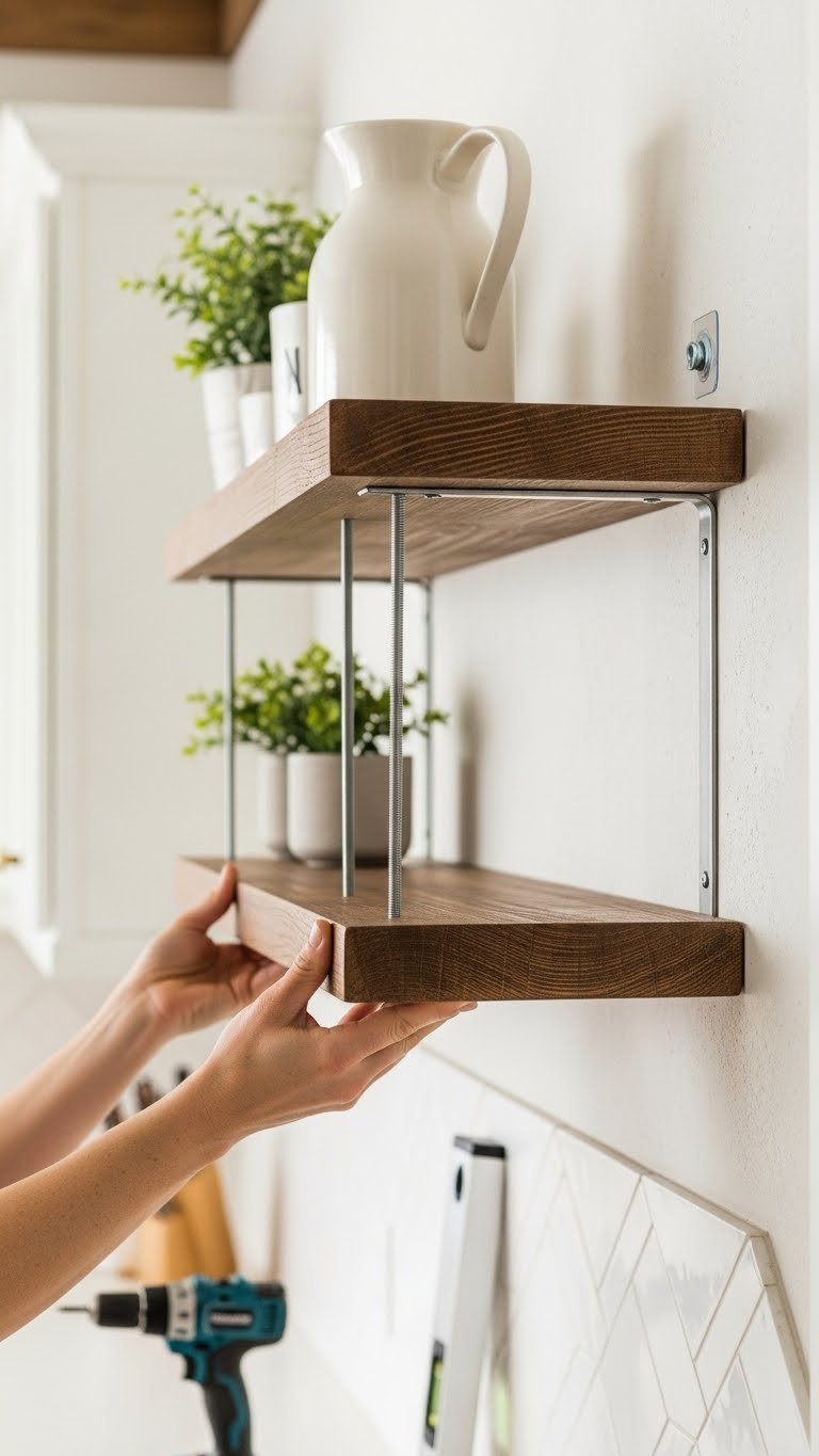 Hands installing rustic wooden floating shelf onto invisible bracket in modern kitchen