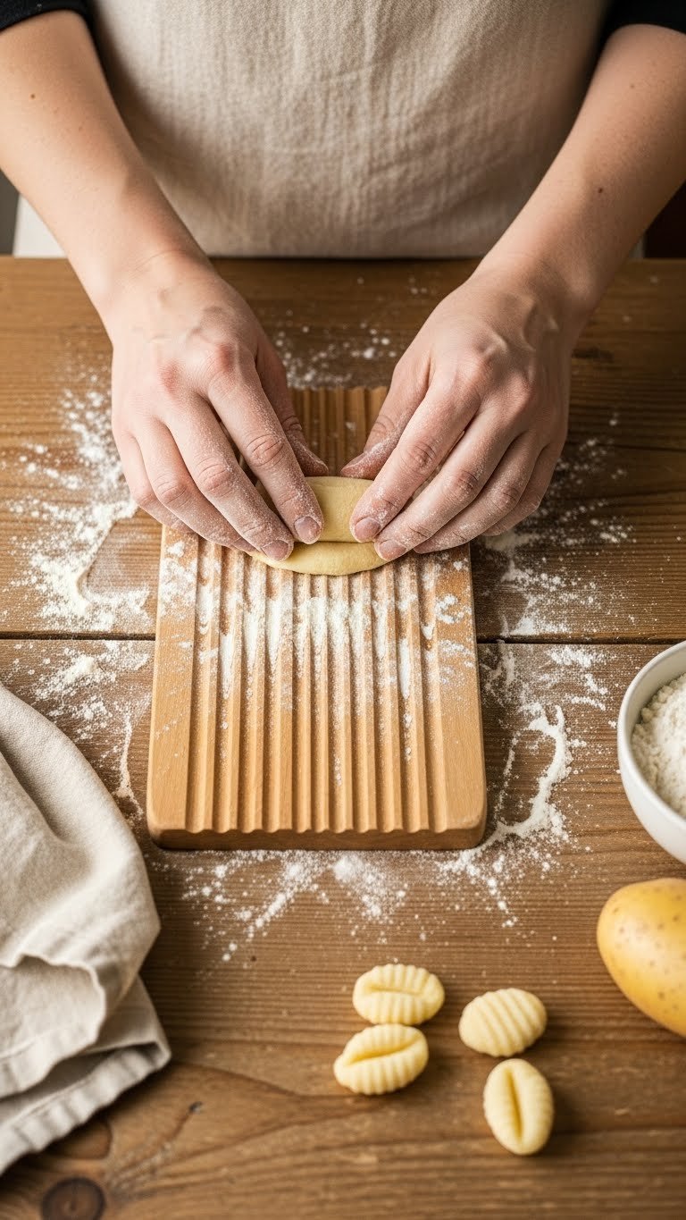 Hands rolling gnocchi dough on wooden ridged board with flour dusting in cozy Tuscan kitchen cooking scene