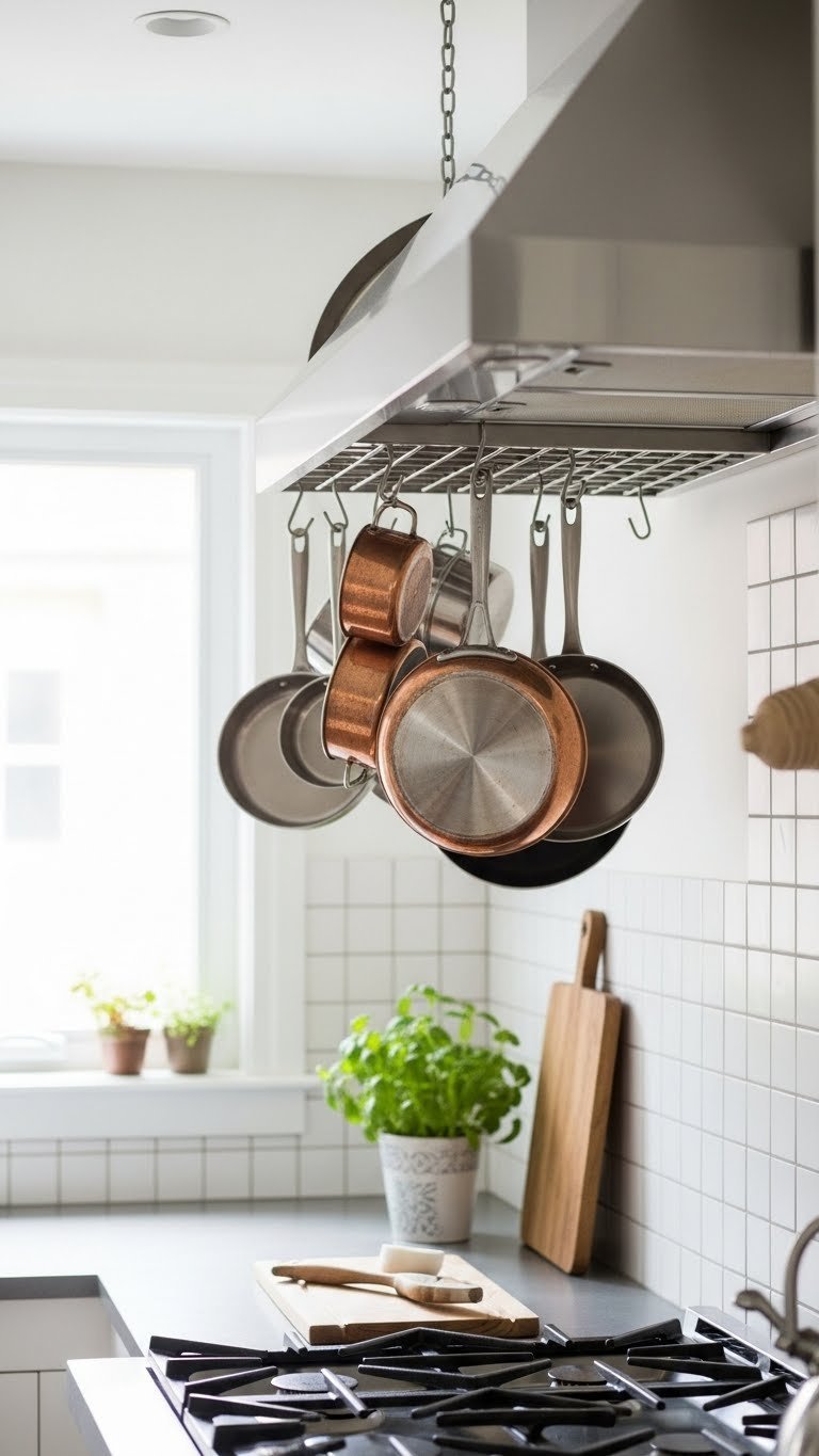 Hanging pot rack with gleaming copper cookware suspended from high ceiling in an organized small kitchen layout.