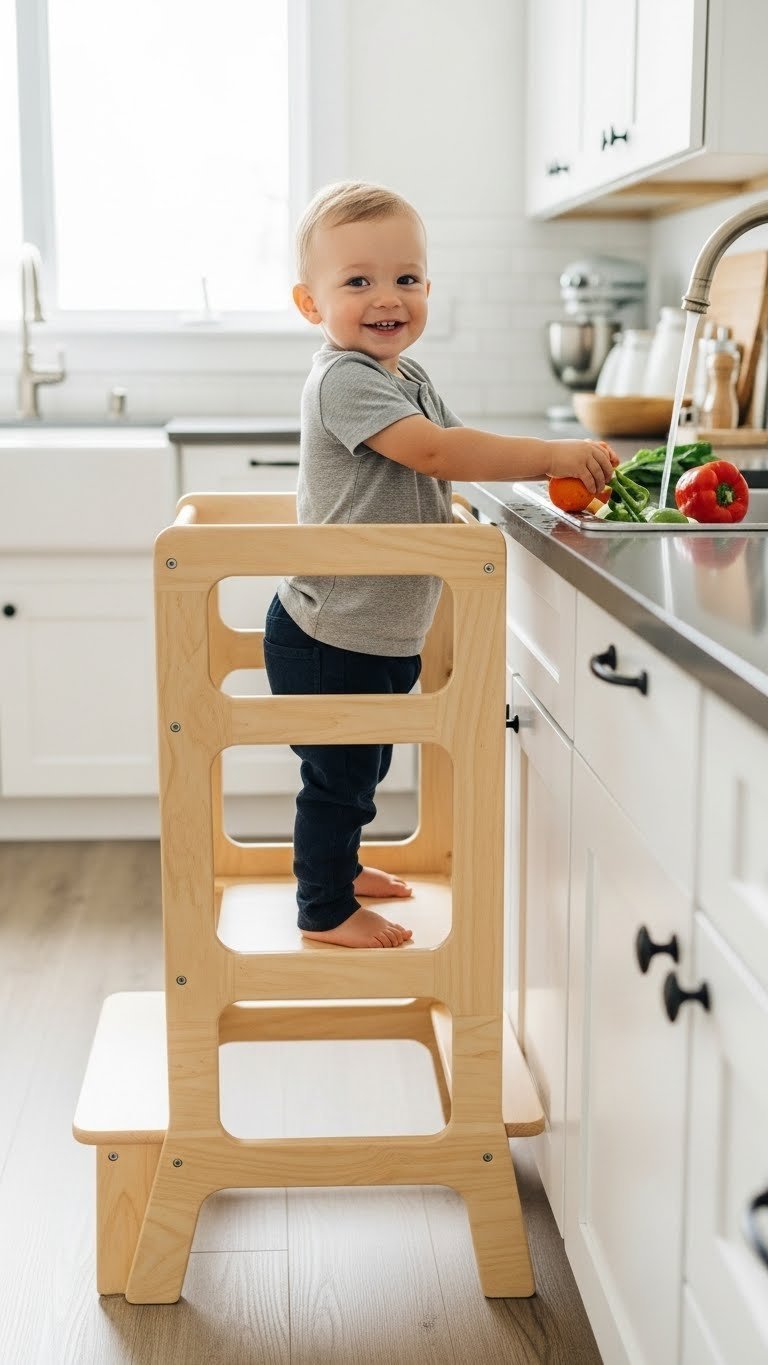 11 Essential Kitchen Gadgets For Kids To Use In 2025 17 Happy toddler standing in wooden kitchen helper stool washing vegetables at kitchen sink