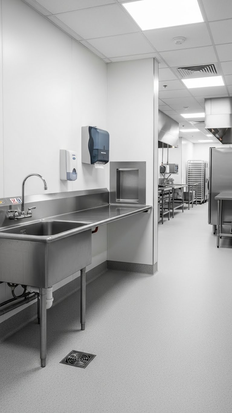 Health code compliant commercial kitchen with three-compartment sink and clean stainless steel surfaces.