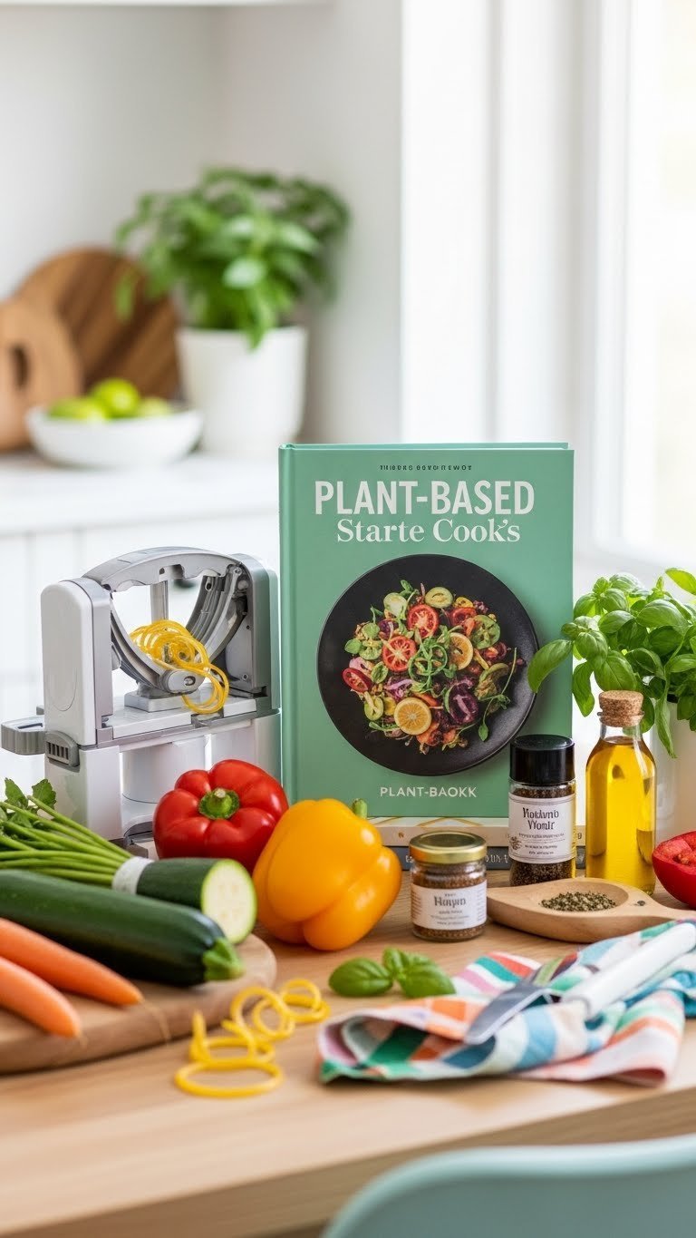 Healthy home cook's gift basket with fresh produce, spiralizer, cookbook, and spices on light wooden table