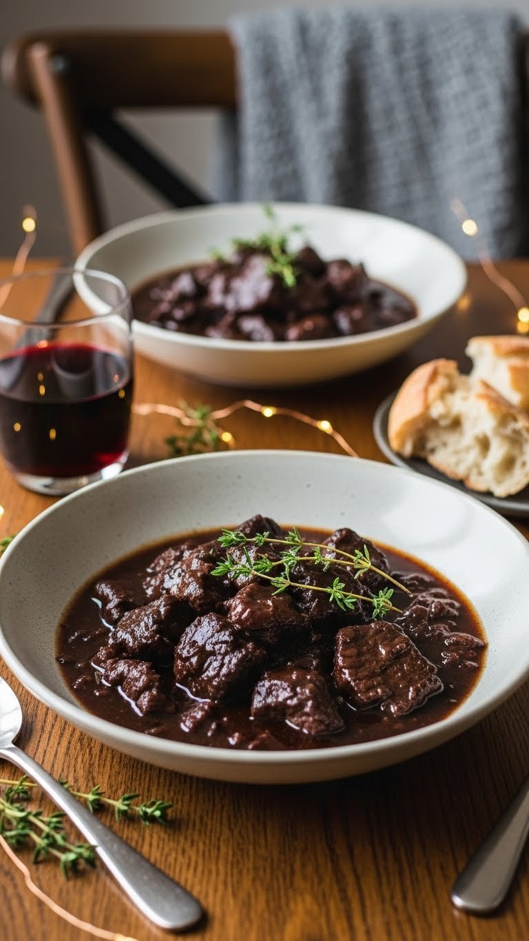 9 Easy Beef Stew Crock Pot Recipes For Cozy Family Dinners 3 Hearty red wine beef stew in a ceramic bowl with fresh thyme and a glass of wine on a dark wood table