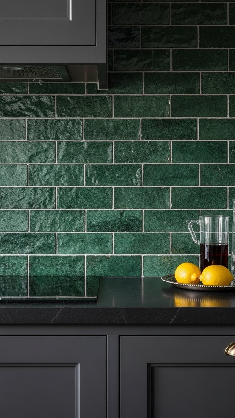 Heavily textured dark green zellige tile backsplash behind a dark stone countertop, accented with a silver tray and lemons.