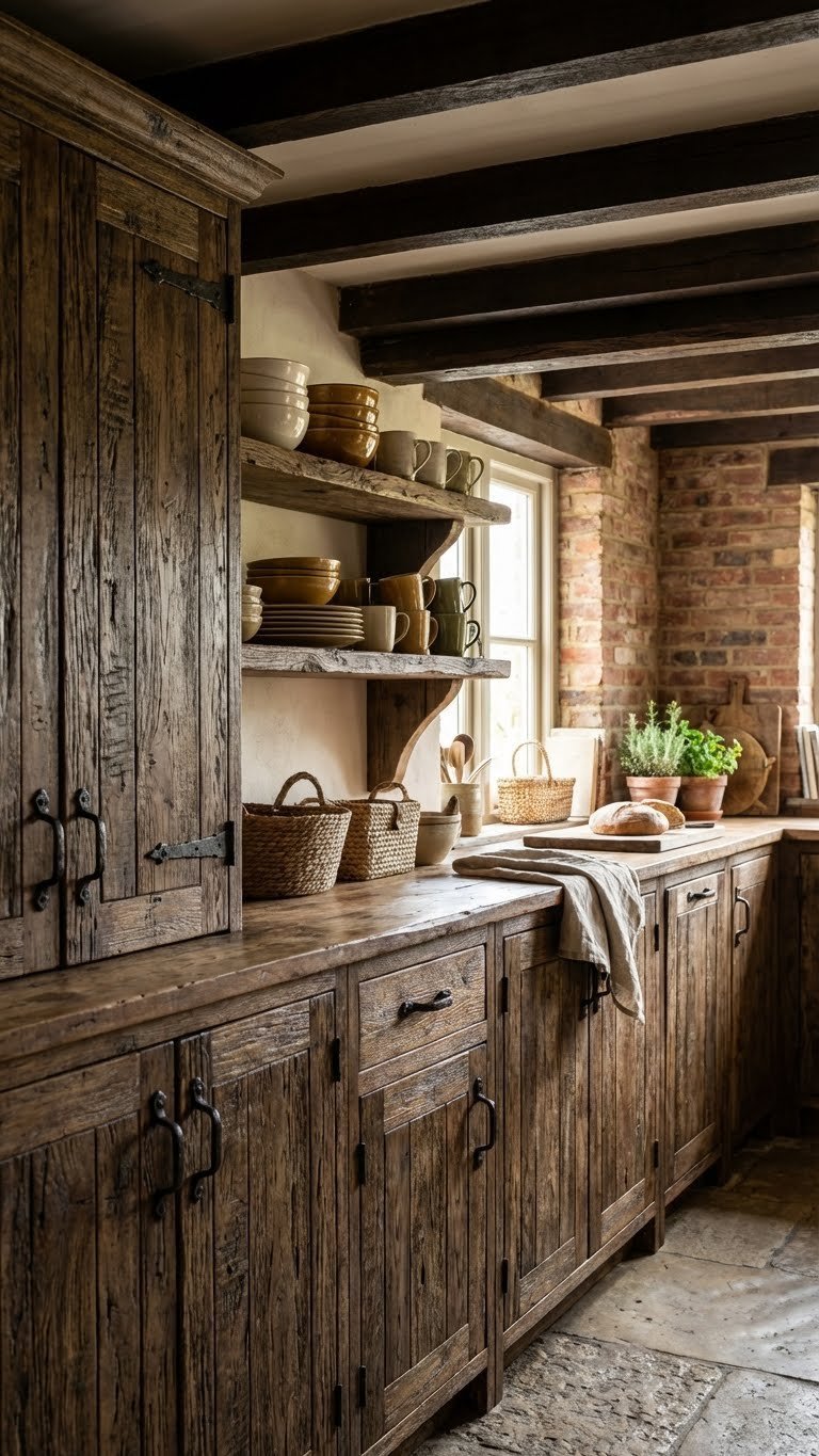 Heavily textured, distressed dark wood kitchen cabinets, ceiling beams, and open shelving with ceramic dishes. Rustic design.
