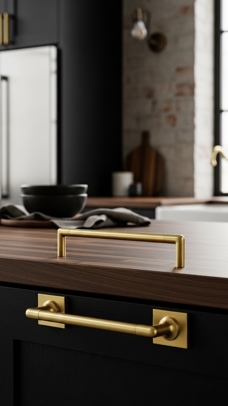 Heavy duty brass bar pulls on dark wood cabinets with dramatic side lighting against industrial-style kitchen backdrop and butcher block counter.