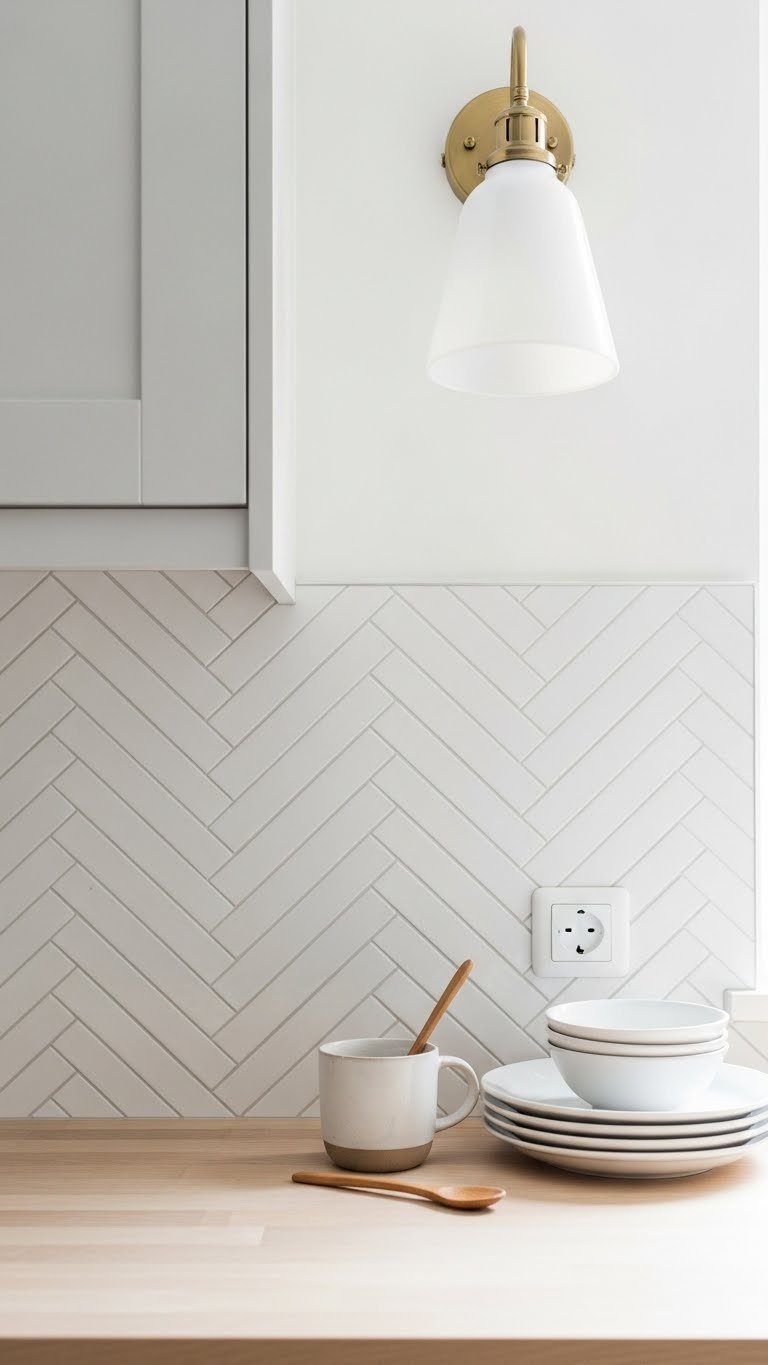 Herringbone pattern backsplash with slender rectangular tiles arranged in dynamic flow with ceramic mug