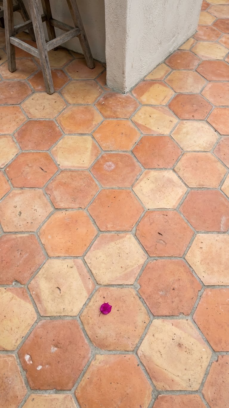 Outdoor Kitchen Mexican Style Ideas For Authentic Entertaining 7 Hexagonal Saltillo tile patio floor in earthy terracotta tones with rustic wooden stool legs and bougainvillea petal.