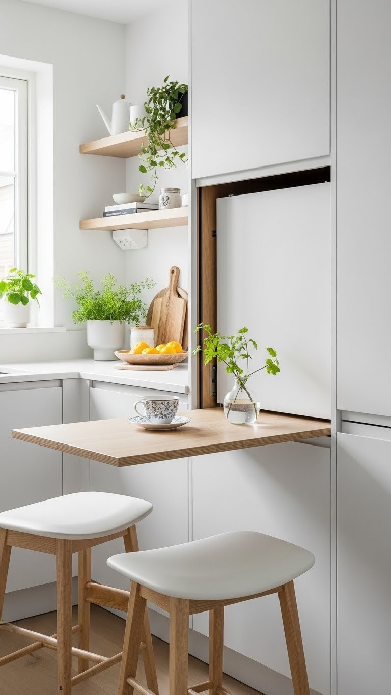 Scandi Kitchen Breakfast Bar: Ultimate Design Guide For Homes 5 Hidden Scandinavian breakfast bar sliding out from under white countertop with compact stools in a minimalist kitchen design.