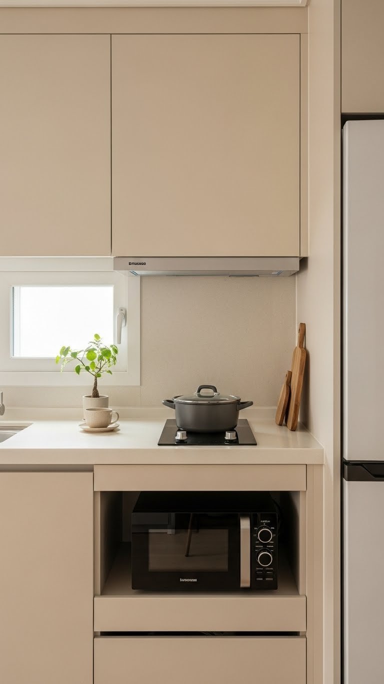 Hidden appliances behind pale wood cabinet panels creating clutter-free Korean kitchen with warm golden brown tones