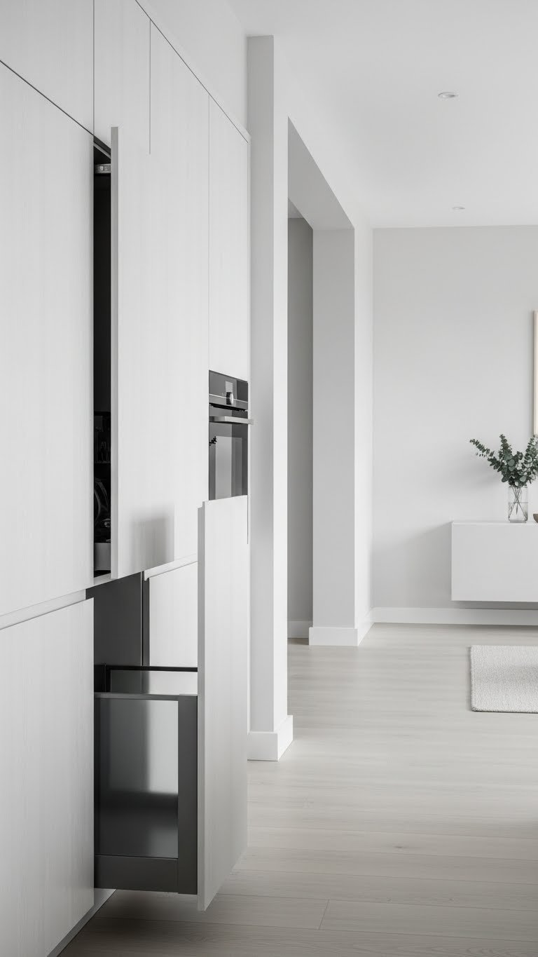 Hidden floor-to-ceiling storage, handleless cabinets blend with walls. Whites & light grays.