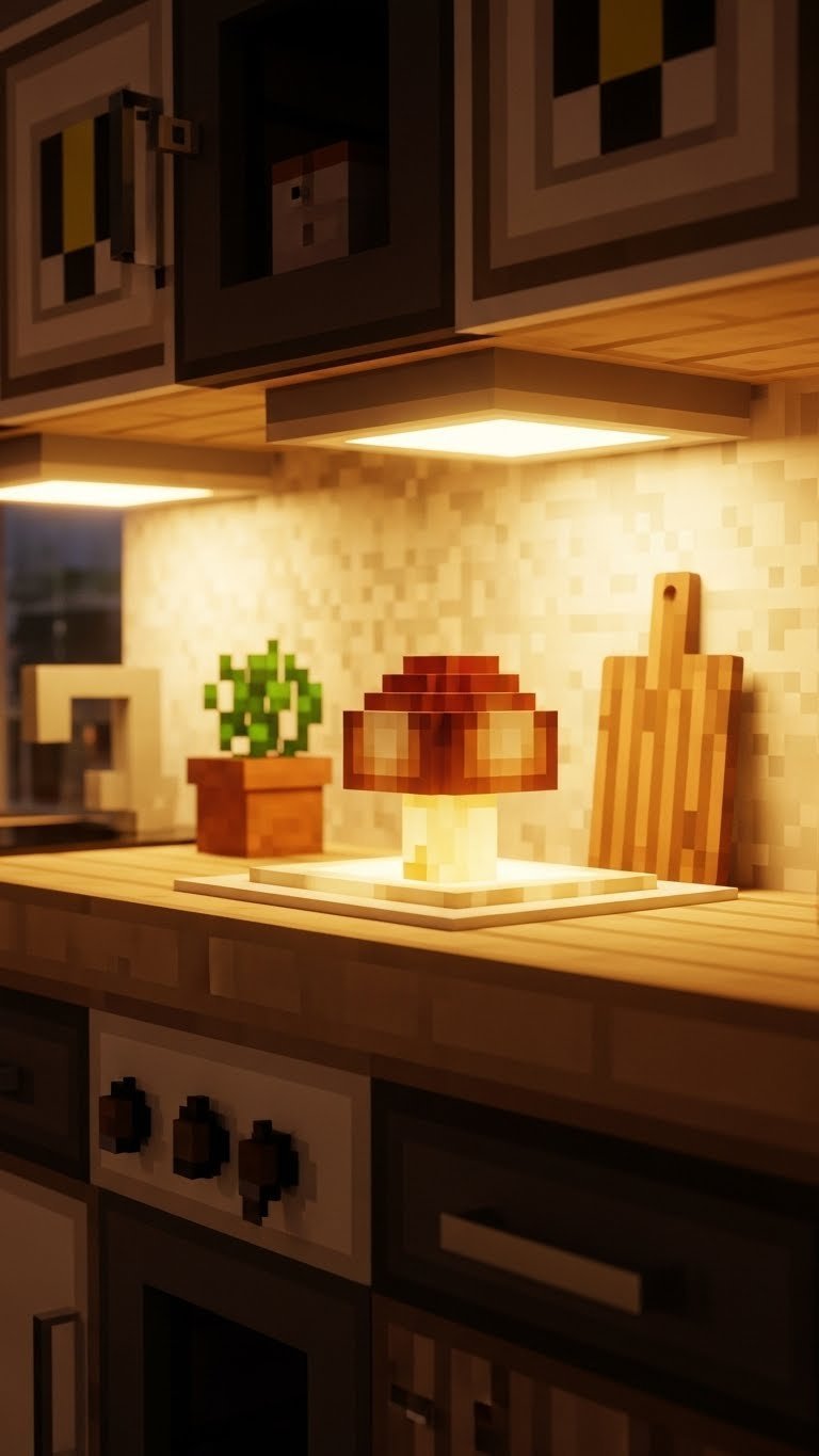 Hidden glowstone lighting creating warm ambient glow in cozy modern Minecraft kitchen design