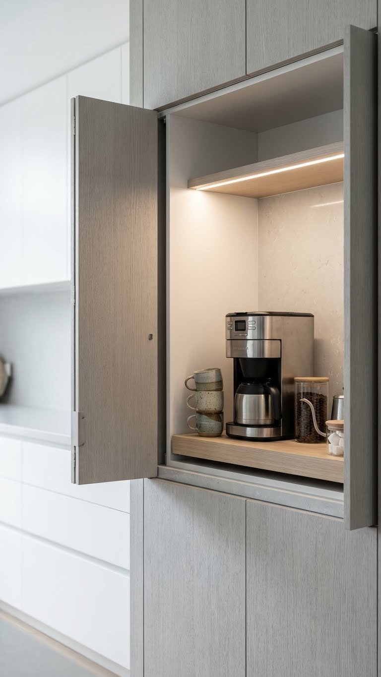 11 Ultimate Kitchen Pantry Beverage Station Ideas Design Your Dream Drink Hub 9 Hidden kitchen pantry beverage nook with a coffee maker and mugs behind a partially open sleek white door.