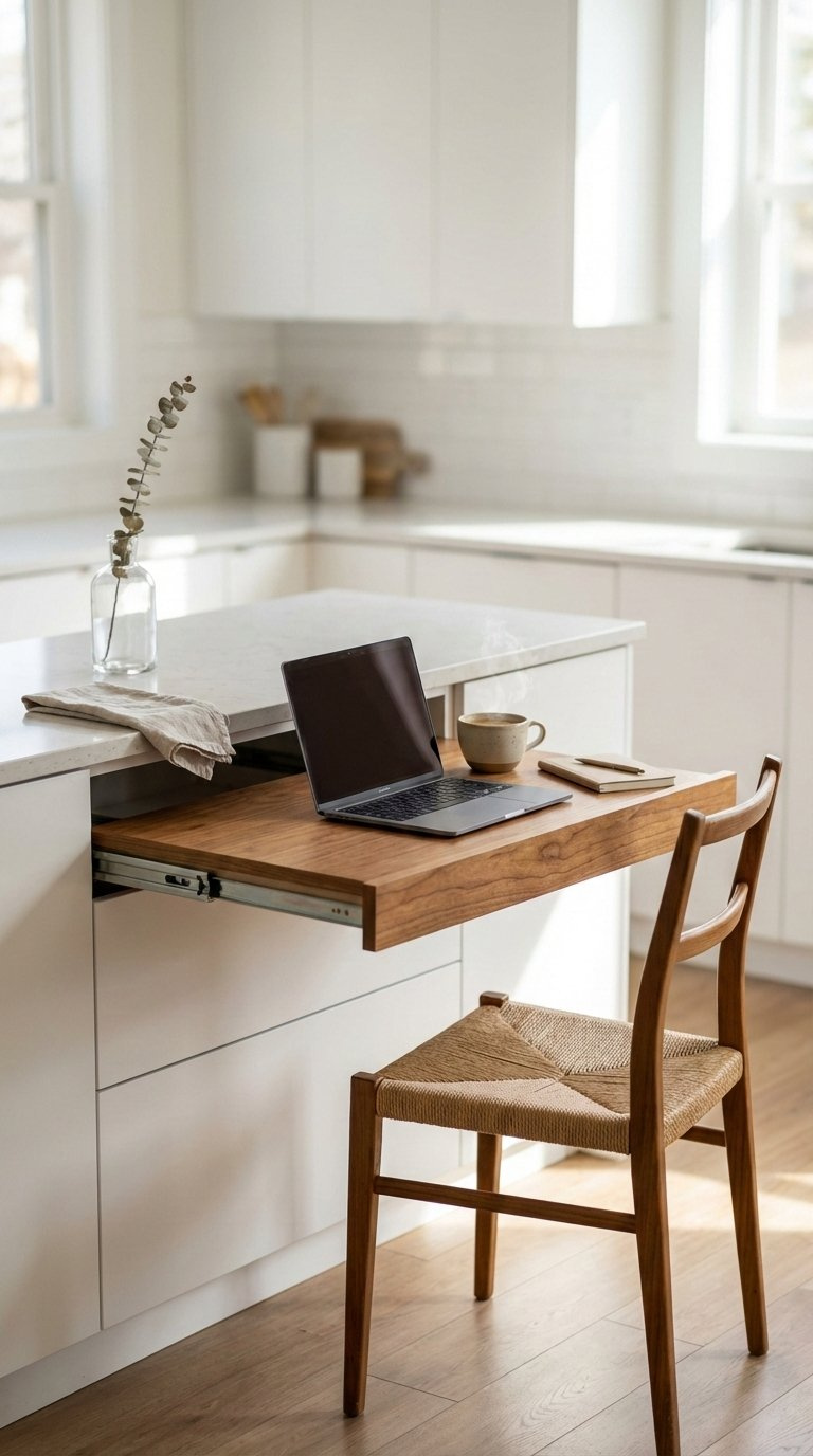 Hidden pull-out table drawer extending from kitchen cabinetry set with laptop and coffee showcasing space-saving design.