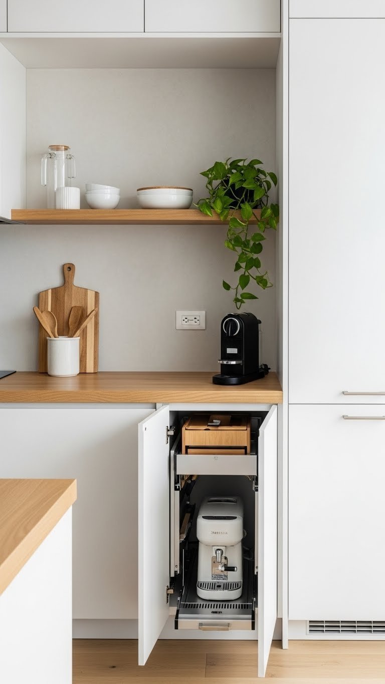 Hidden storage in open kitchen. Millwork, cabinets, appliance garage. Light wood, crisp white.