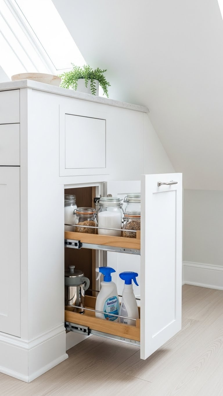 Hidden storage solution with pull-out shelves integrated behind knee wall in organized attic kitchen