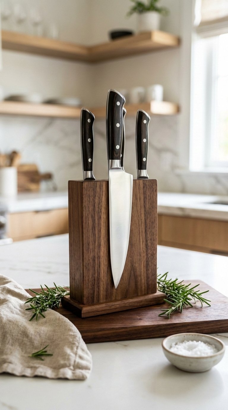 High-carbon stainless steel chef's knife set with razor-sharp blade gleaming on dark acacia cutting board in modern kitchen.