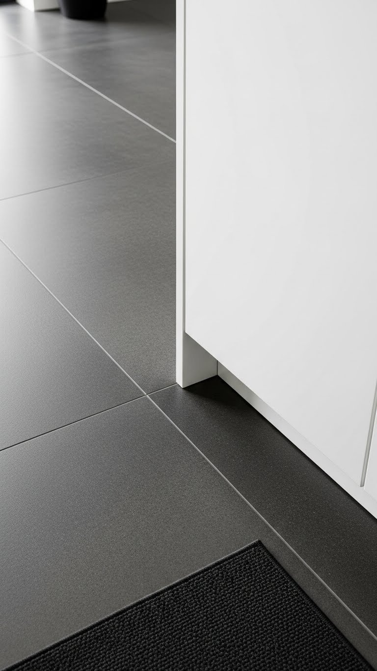 High-contrast kitchen flooring: dark concrete-look porcelain tiles meeting crisp white base cabinets. Modern design.