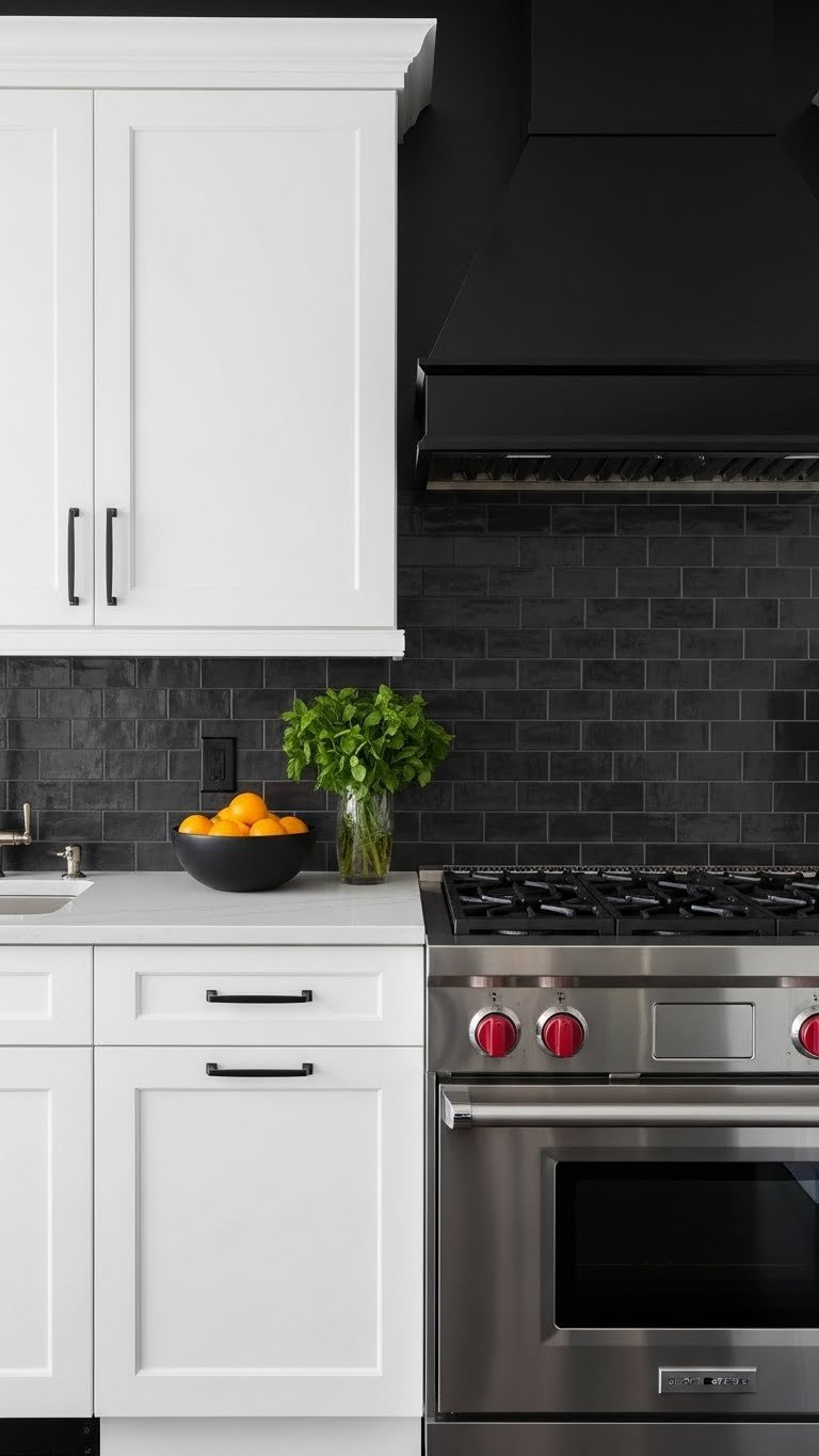 High contrast kitchen with white cabinets, black hardware, and quartz countertops creating dramatic graphic effect in daylight.