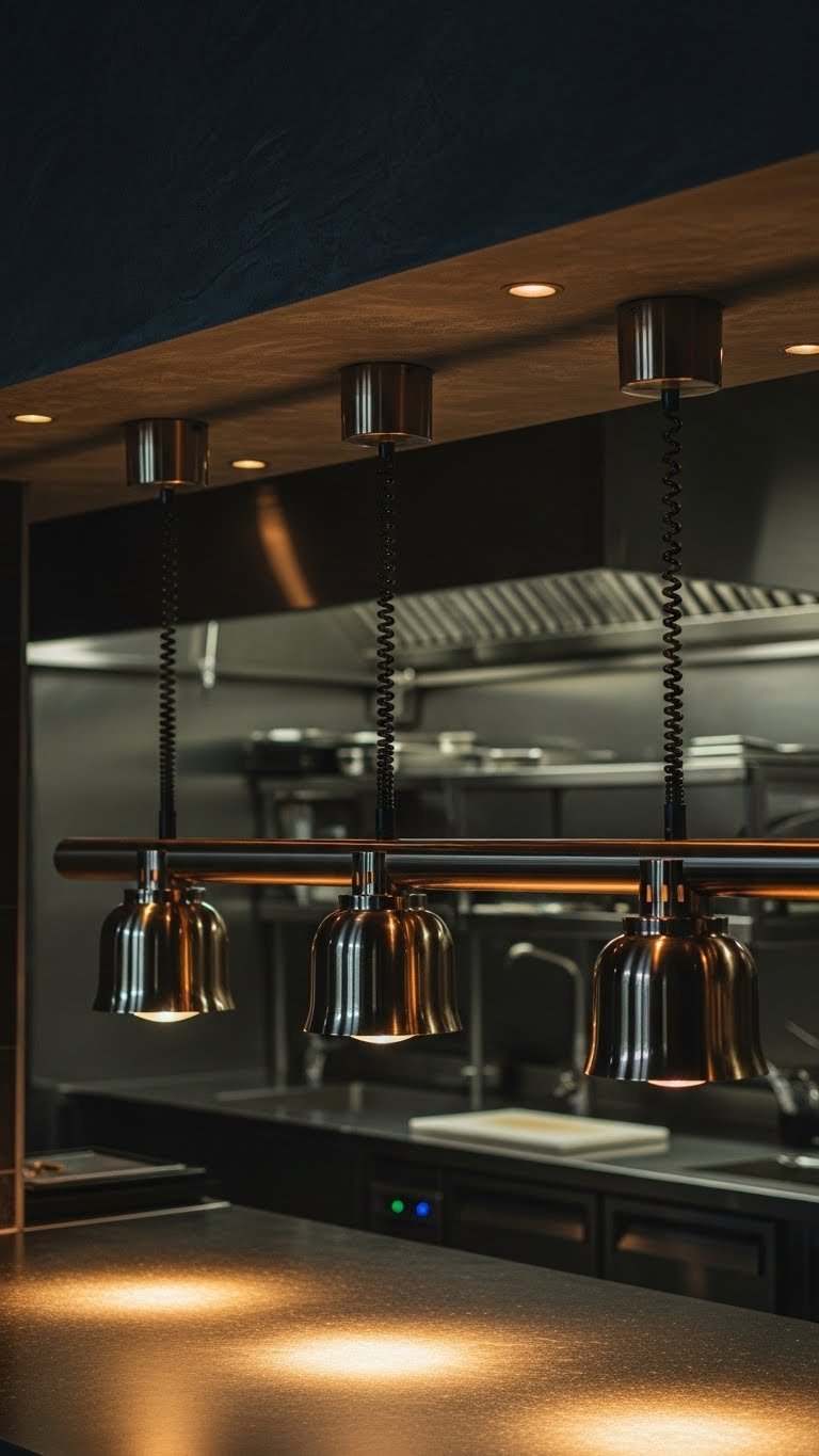 Dark Restaurant Kitchen Aesthetic: 7 Luxurious Design Ideas 1 High-end dark restaurant kitchen pass with golden LED lighting, matte black wall, sleek pendant fixtures, and stainless steel prep counter.