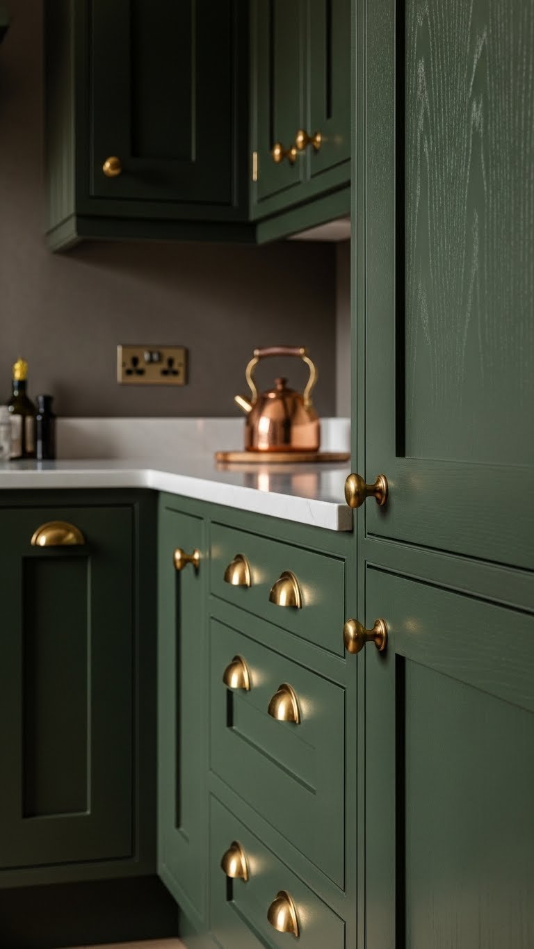 High-end kitchen with bespoke matte dark green cabinetry, rich aged brass hardware. Velvety texture, natural light, copper kettle accent.