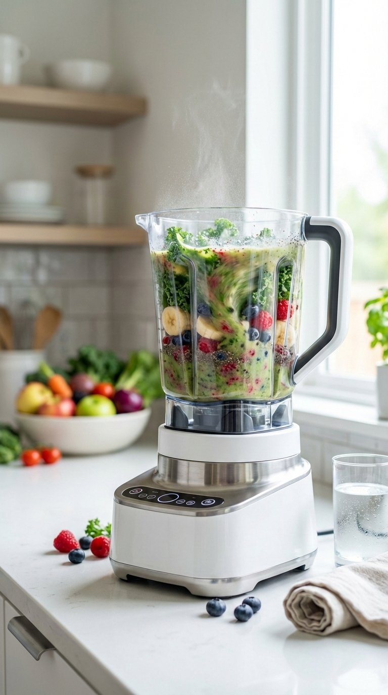 High-performance blender making colorful smoothie on minimalist kitchen counter with fresh fruit