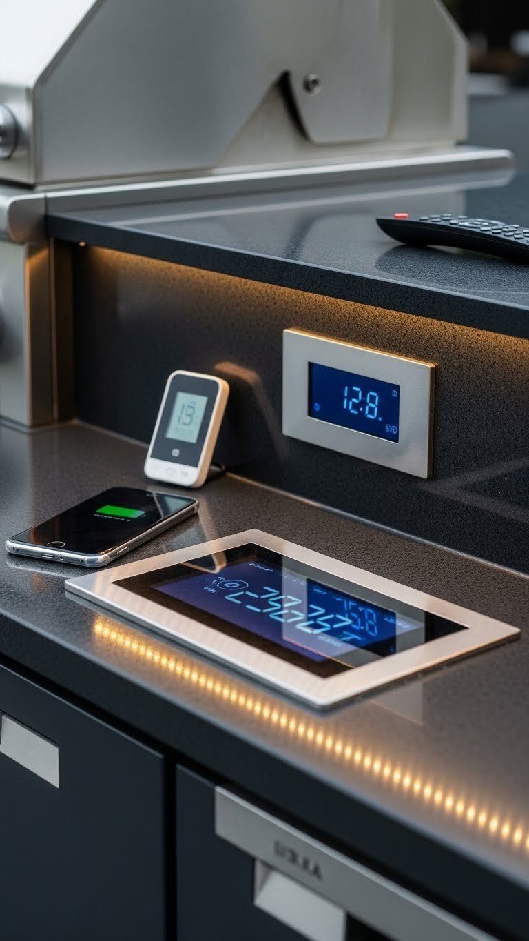 High-tech outdoor kitchen with smart appliances and integrated lighting on dark polished countertops