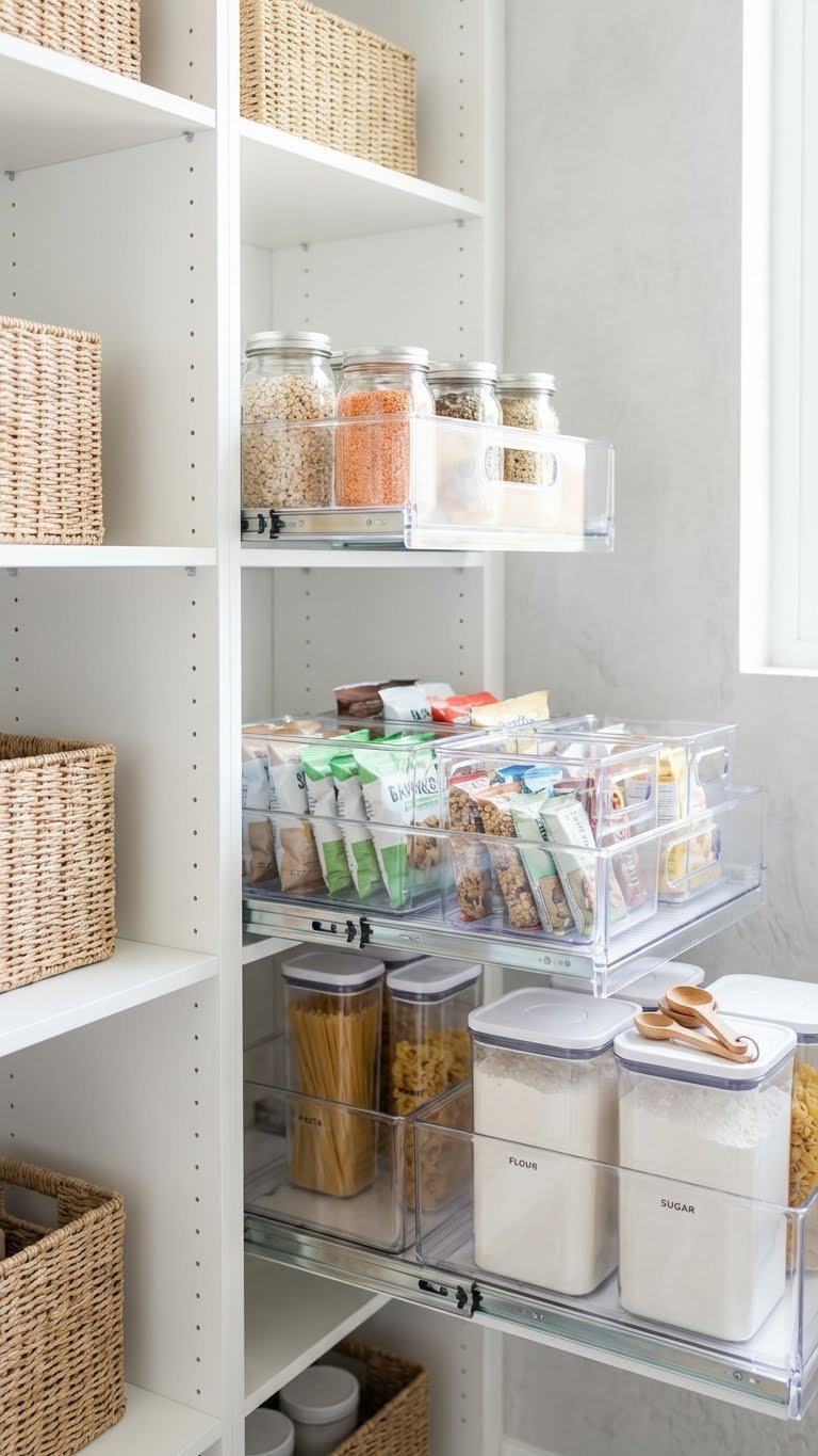 7 Genius Kitchen Pantry Closet Ideas For Ultimate Storage 11 Highly organized kitchen pantry with transparent pull-out drawers and clear labeled bins for visible, functional storage of food staples.