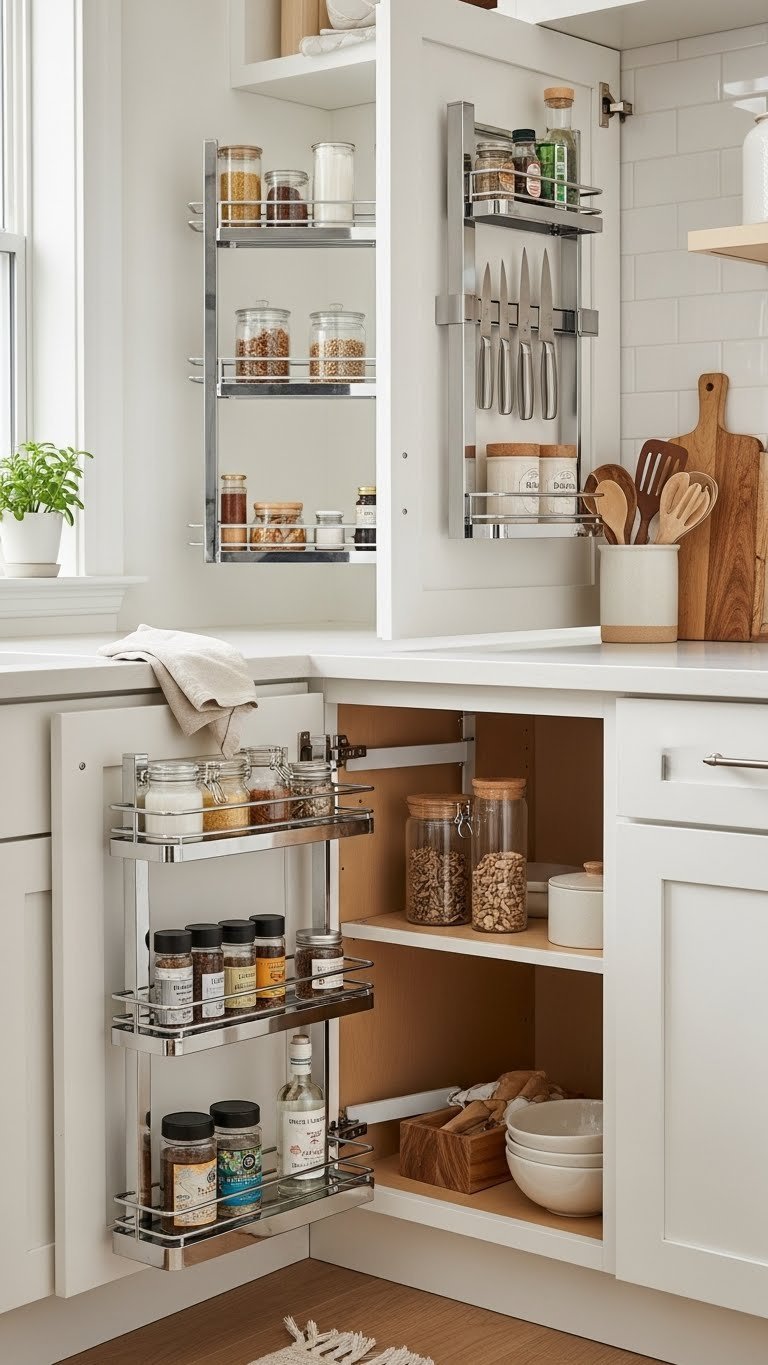 Highly organized kitchen showcasing pull-out pantry shelves and clever storage solutions with warm lighting