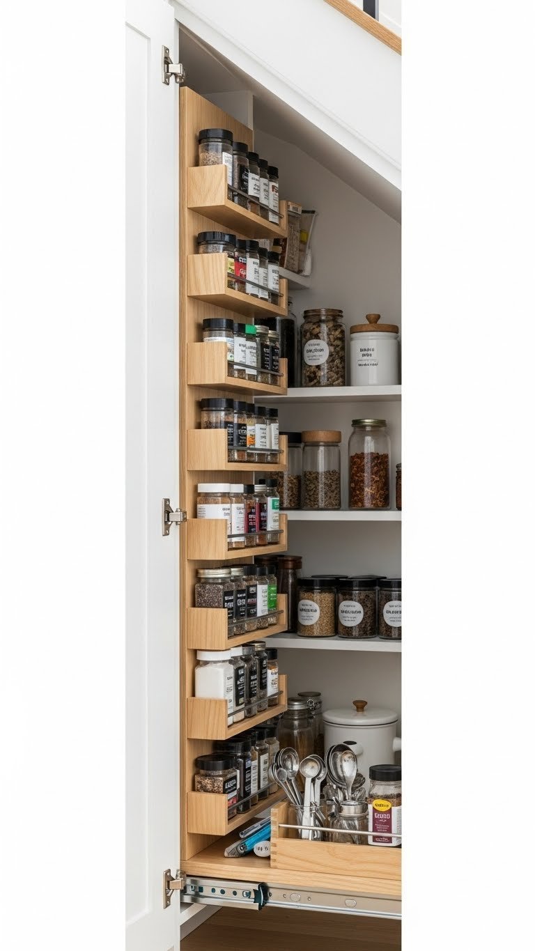 Brilliant Kitchen Pantry Ideas Under Stairs: 11 Space Solutions 15 Highly organized vertical spice rack and dry goods storage unit under a staircase with uniformly labeled jars and colorful spices.
