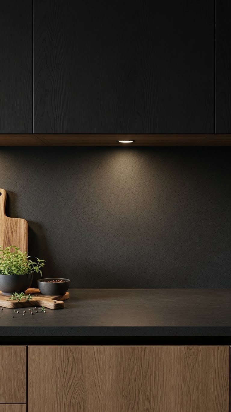 Honed black granite countertop with soft under-cabinet light reflection, showing rich textures. Accented with wood and herbs.