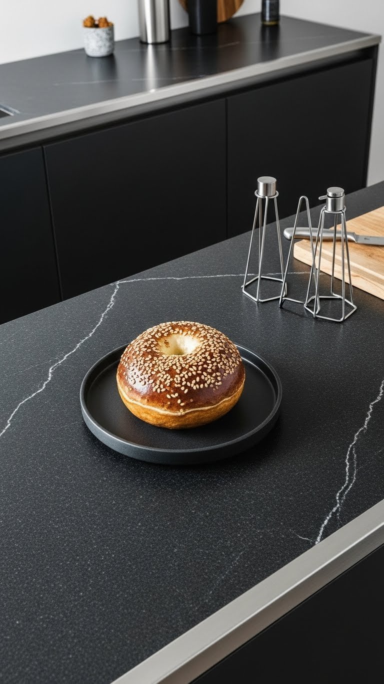 Honed black granite kitchen countertop with metallic edge, metal utensil holders, and a raw wood cutting board.