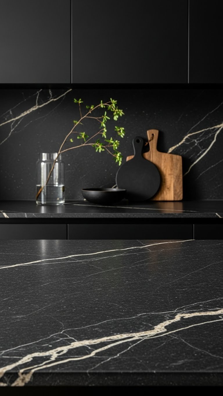 Honed black granite kitchen countertop with subtle veining, dark cabinetry, glass vase, and rustic wood board in bright daylight.