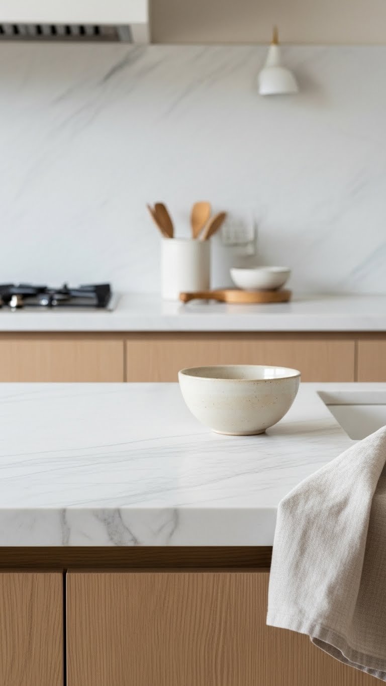 Honed matte-finish marble countertop with subtle veining on natural wood cabinet base in serene kitchen setting